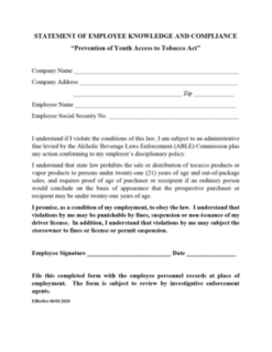 Tobacco Employee Compliance Agreement