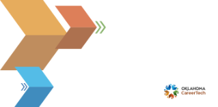 Virtual meeting background of multi-colored chevrons with CareerTech logo