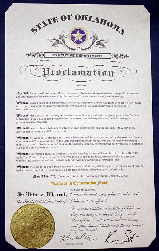 State of Oklahoma proclamation of October as Careers in Construction Month