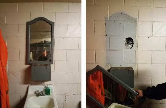 A mirror at the Jackie Brannon dairy farm was being used to cover a hole inmates cut in a cinder block wall to hide contraband.