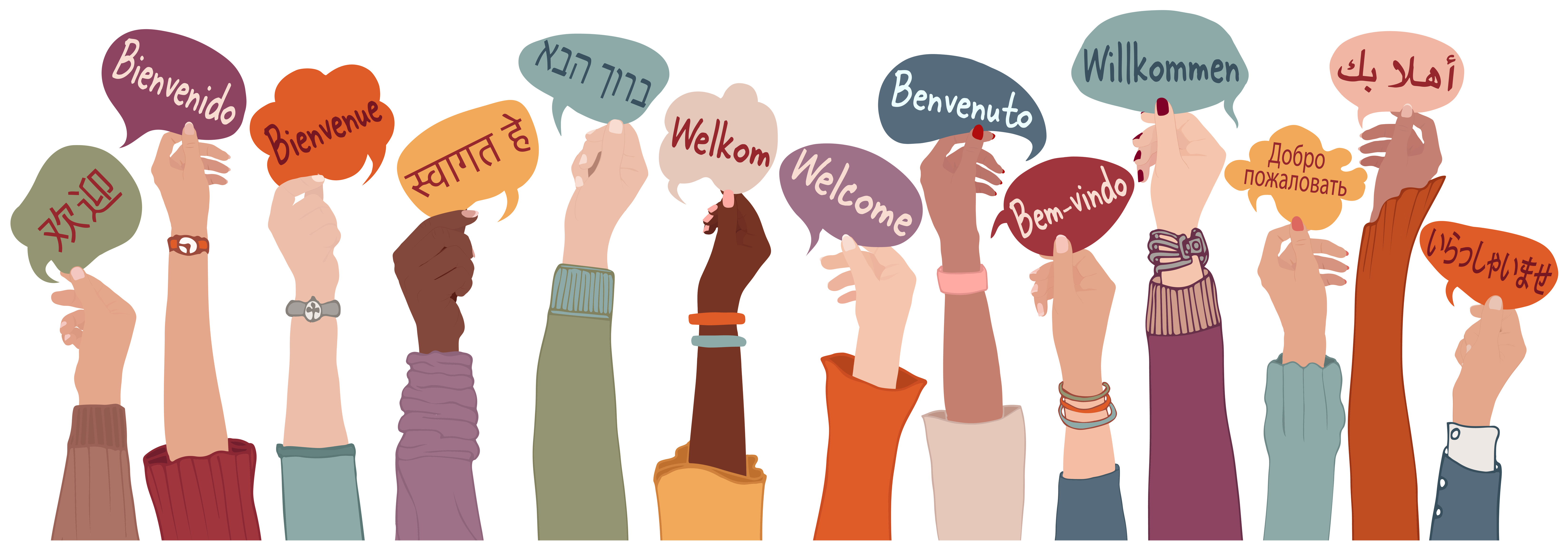 Raised arms and hands of multi-ethnic people from different nations and continents holding speech bubbles with text -thank you- in various international languages.Communication.Equality