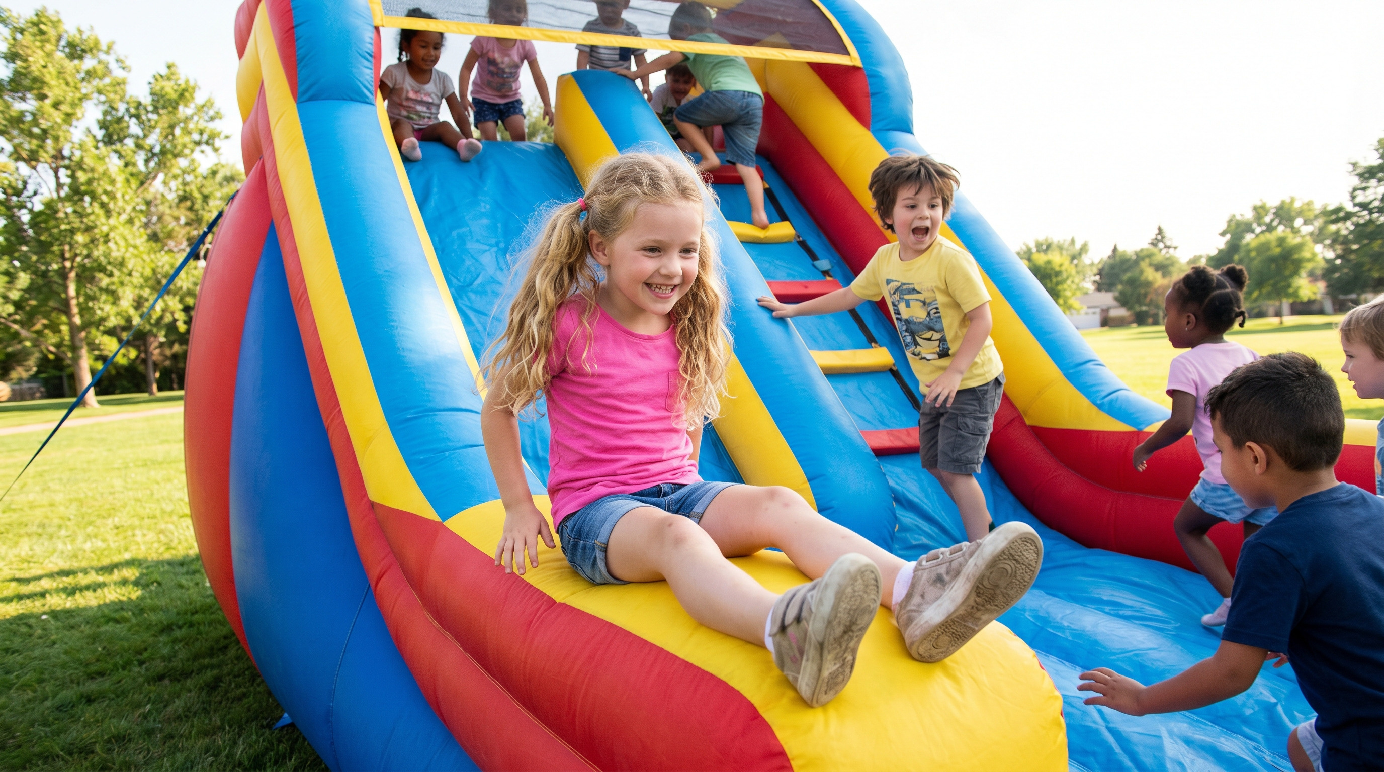 Children playing on inflatable slide in outdoor park during summer  