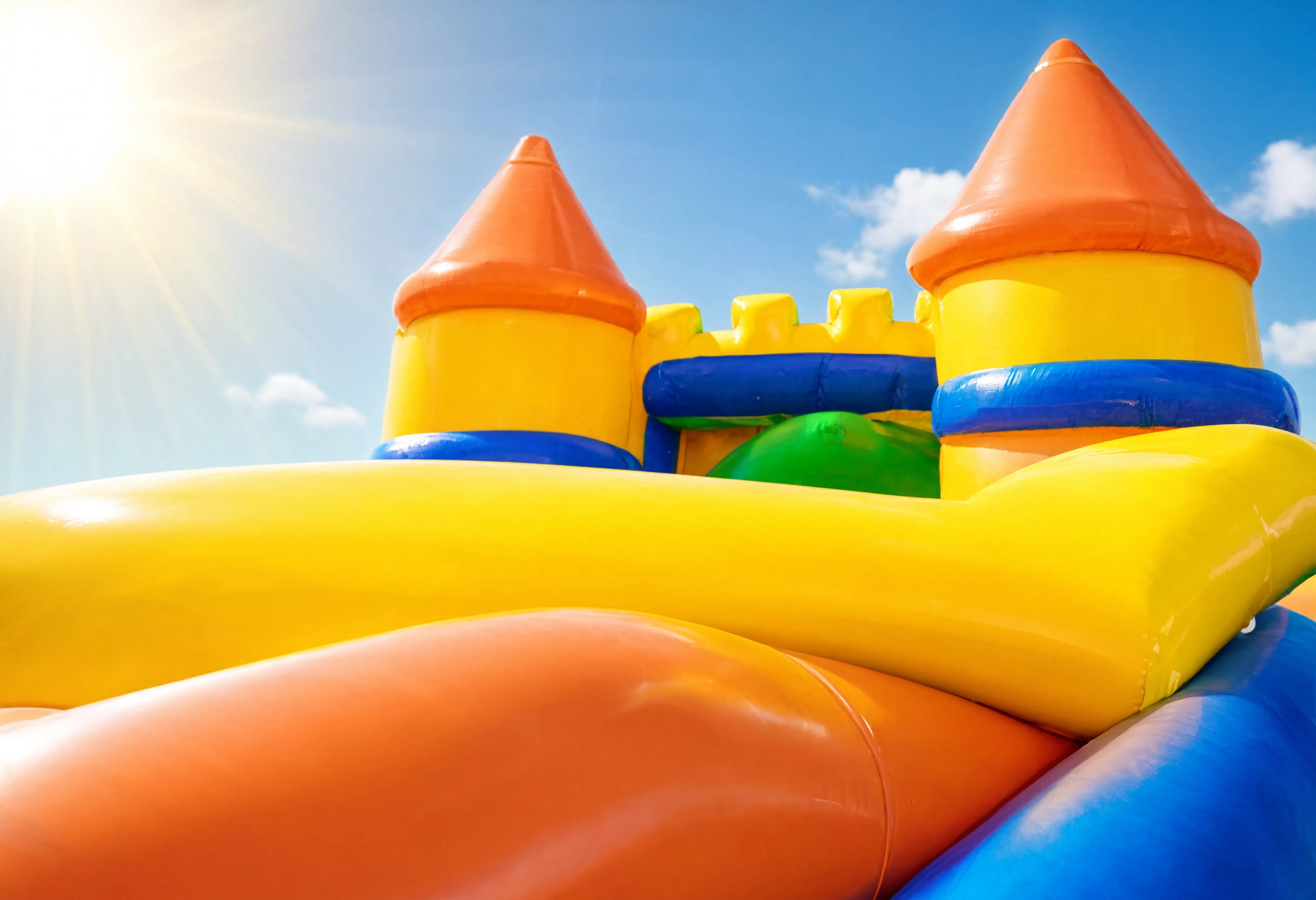Vibrant inflatable bounce house castle with slides under bright blue sky and sun, children playing, outdoor summer fun party, joyful amusement attraction recreation leisure entertainment