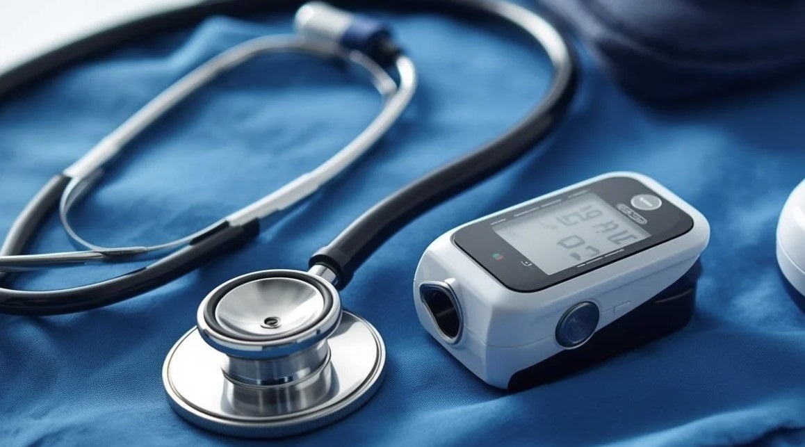 Stethoscope and pulse oximeter on scrubs