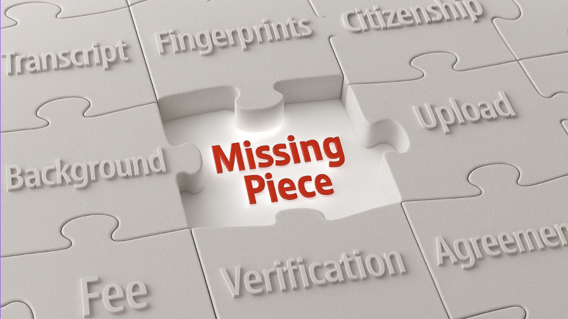 A white puzzle with application elements on each piece., empty space says missing piece in red