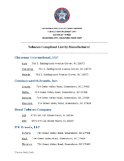 Tobacco Compliant List by Manufacturer