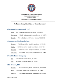 Tobacco Compliant List by Manufacturer June 2026