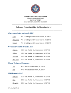 Tobacco Compliant List by Manufacturer August 2026