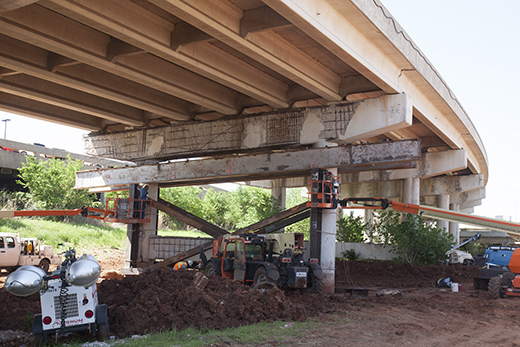 This eastbound I-44 Belle Isle pier between Pennsylvania Ave. and Western Ave. is one of two piers currently receiving a temporary, steel beam support that will add strength to the bridge. 