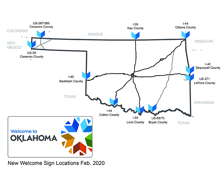 This graphic represents the first 10 locations the new ???Welcome to Oklahoma??? signs will be installed by this weekend, weather permitting, following the announcement of the new state logo by Lt. Gov. and Secretary of Tourism and Branding Matt Pinnell on Wednesday. Additionally, 75 smaller signs will be installed statewide during the next few months.