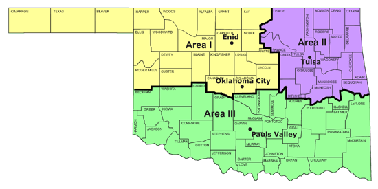 Map of Oklahoma showing the three areas served by the OKDHS Developmental Disabilities Services Division (DDSD). More information about the map follows below.