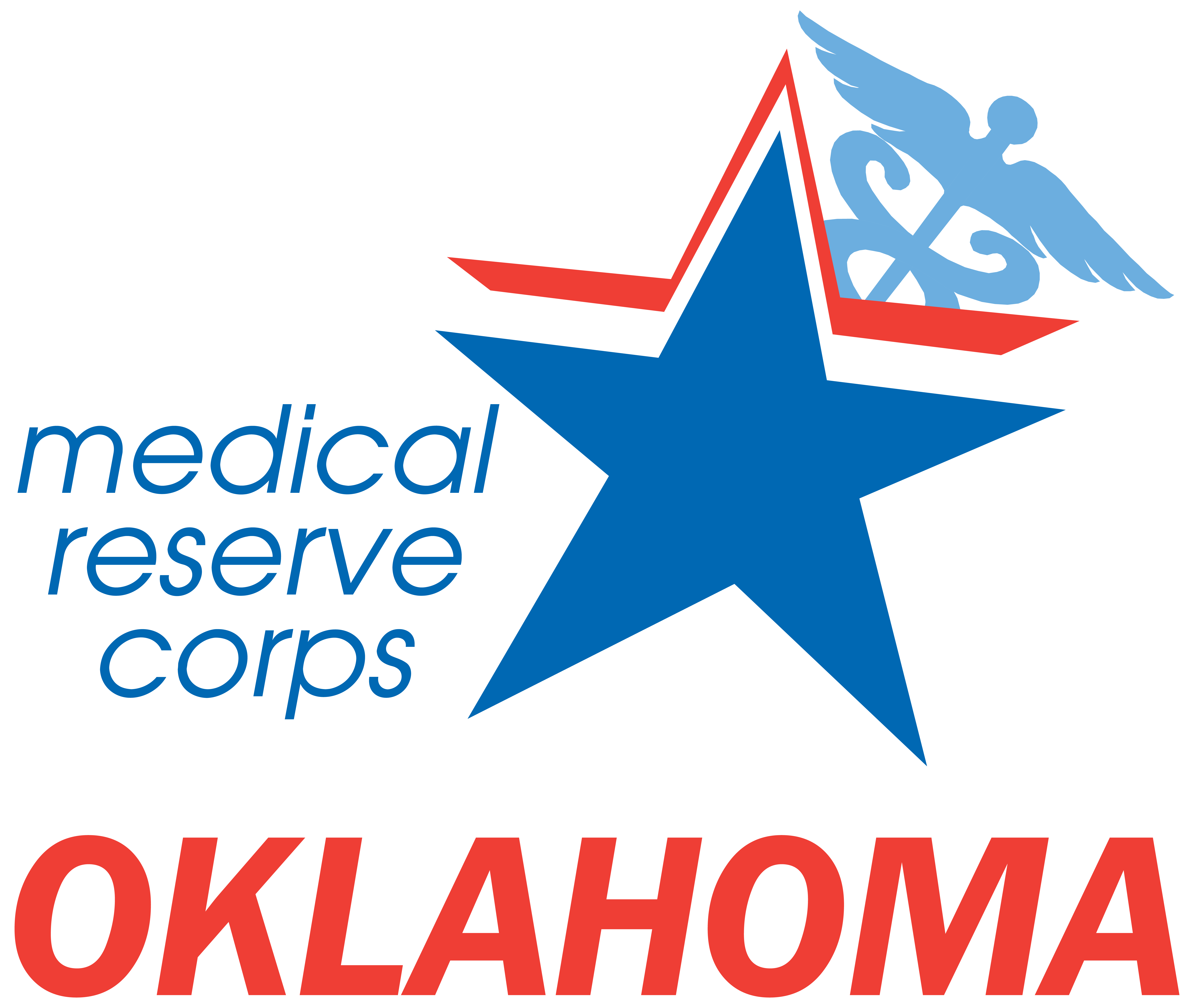 home page link and site logo of the oklahoma branded star in full color and dark blue text oklahoma medical reserve corps
