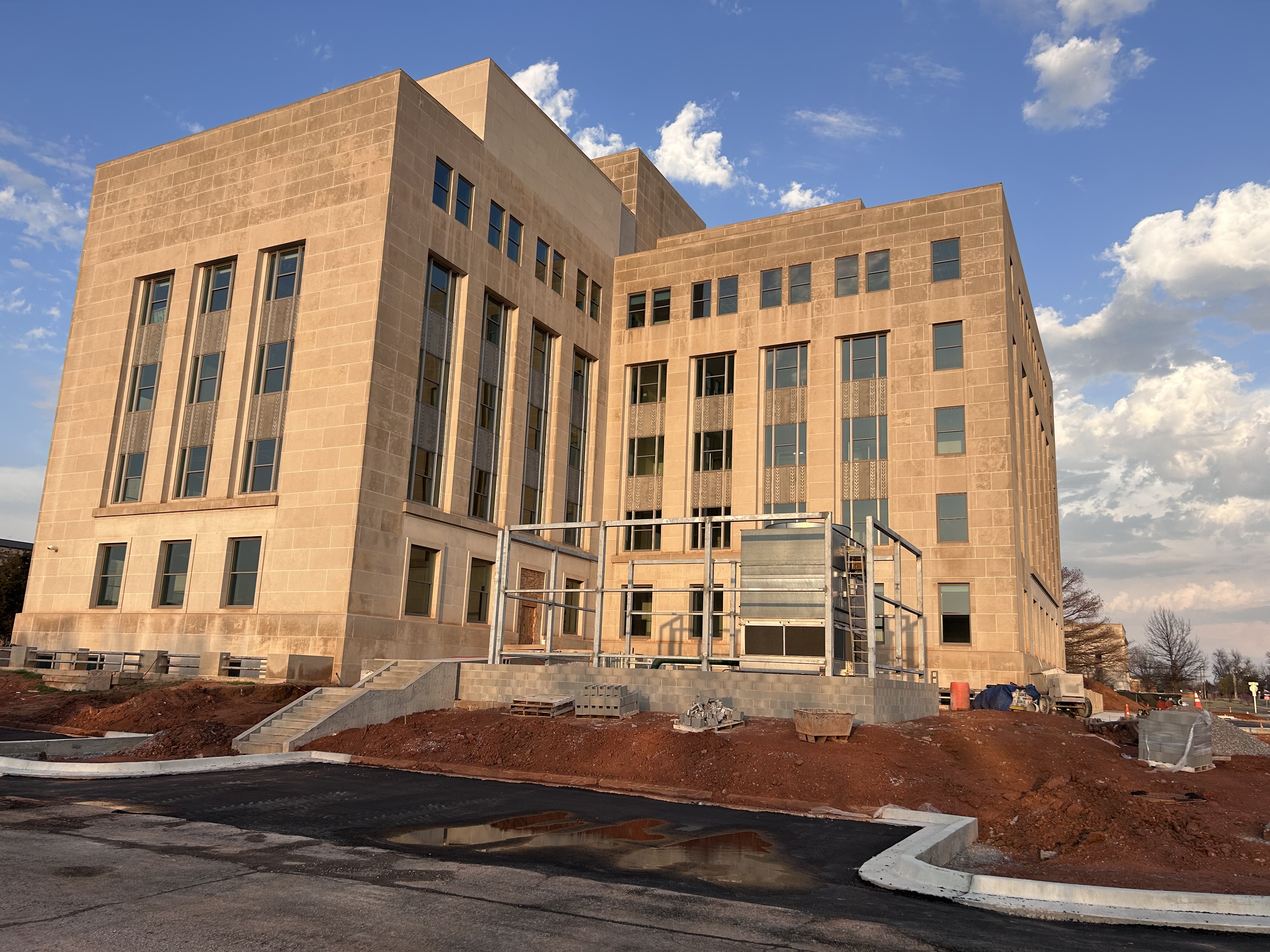 Exterior of the Jim Thorpe Building showing construction progress as of March 2026. (Photo provided by QUAD Construction.)