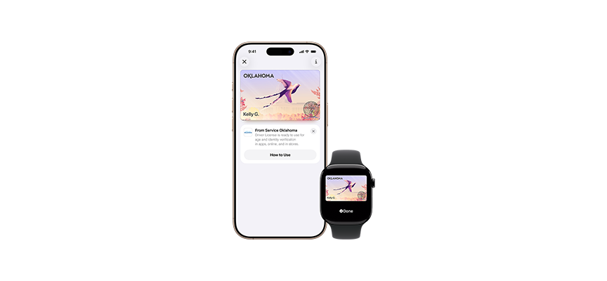 An iPhone and Apple Watch showing the Oklahoma Digital ID in Apple Wallet