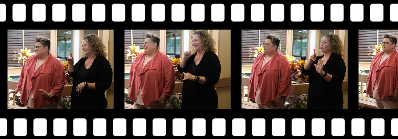 A filmstrip with three images of two women, one is signing to someone off camera while the other talks. 