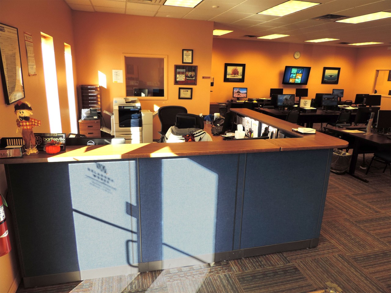Office interior and front desk reception area.
