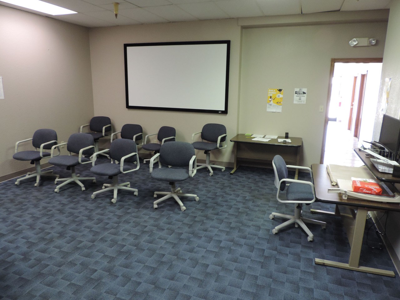 Waiting area available to public after checking in at front desk when waiting for appointment or training/resources to become available.