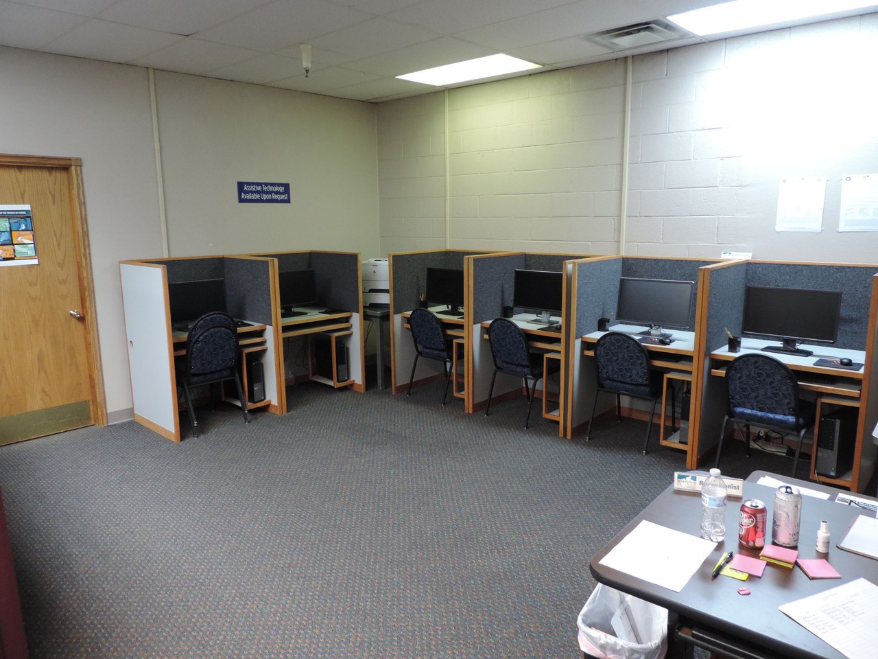 Resource area with computers and a printer/scanner/fax available to the public.