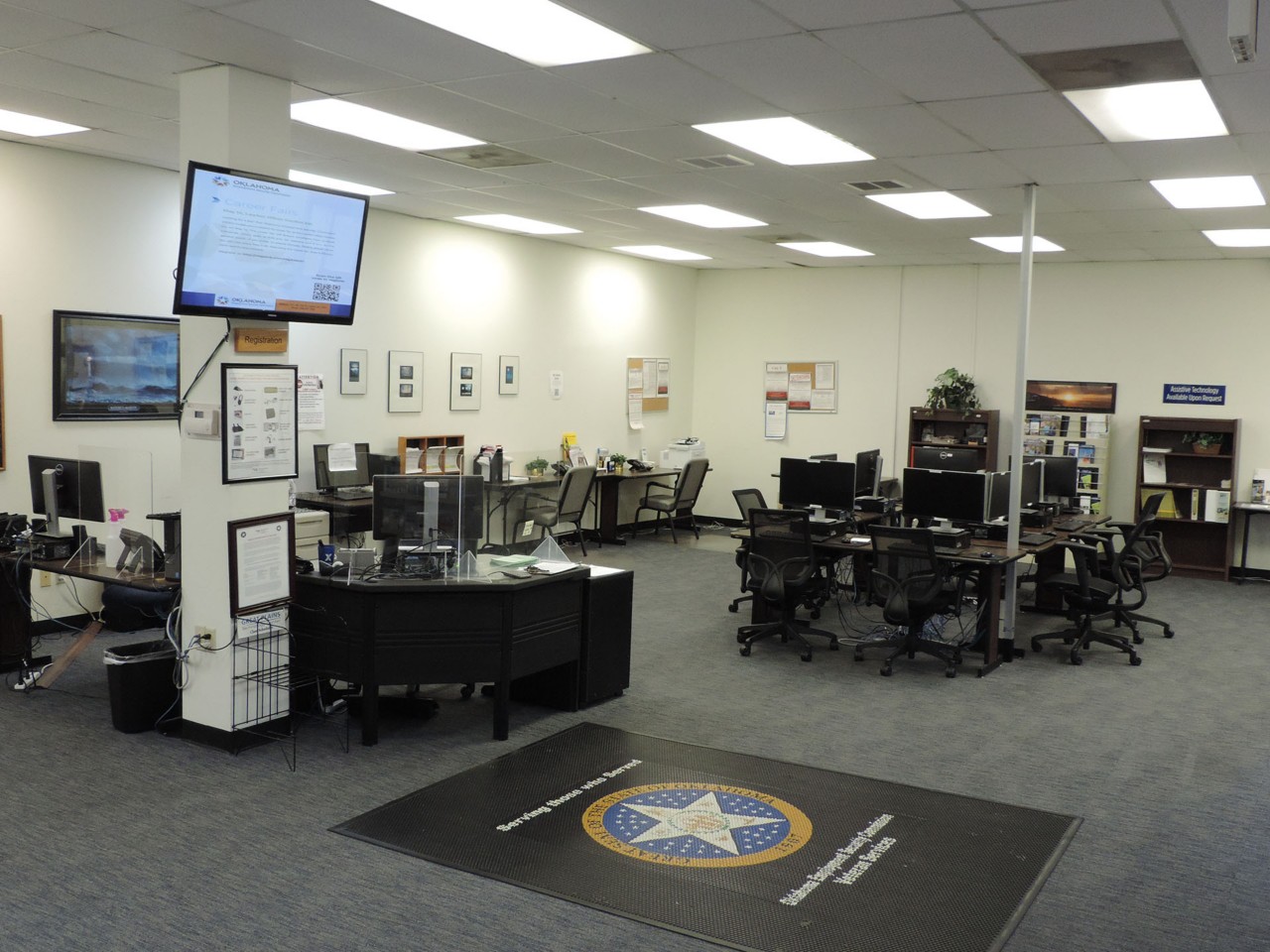 Office interior and front desk reception area.