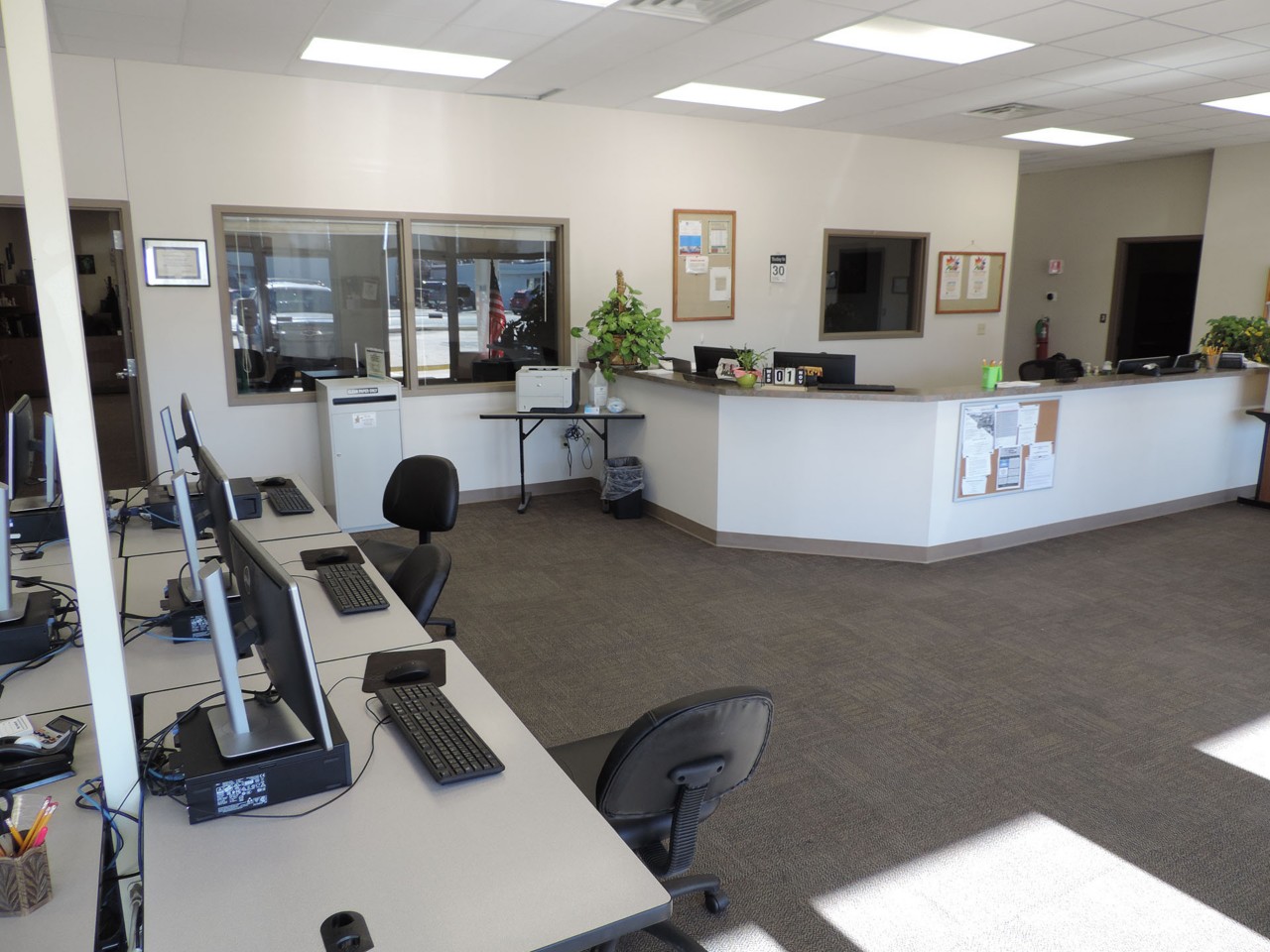Office interior and front desk reception area.