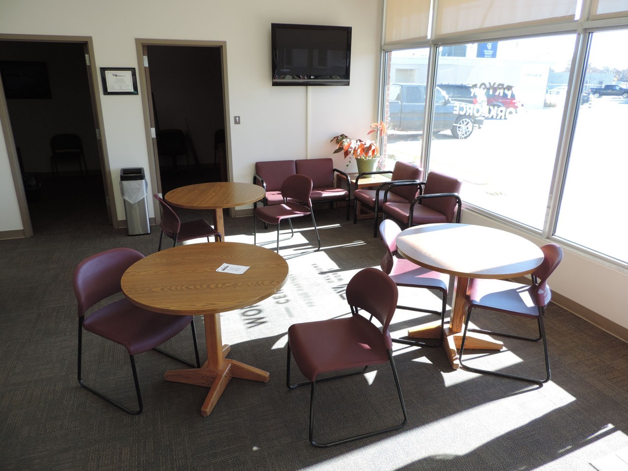 Waiting area available to public after checking in at front desk when waiting for appointment or training/resources to become available.