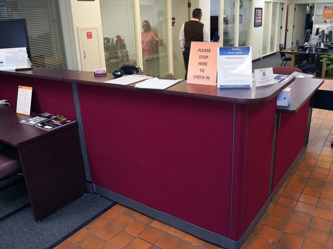 Office interior and front desk reception area.                               