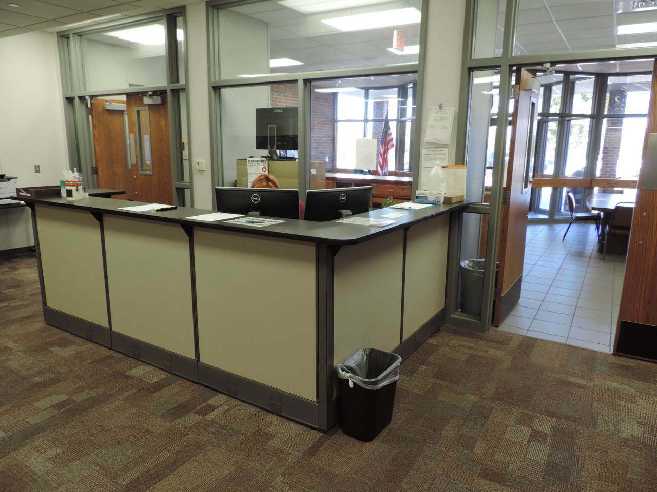 Office interior and front desk reception area.