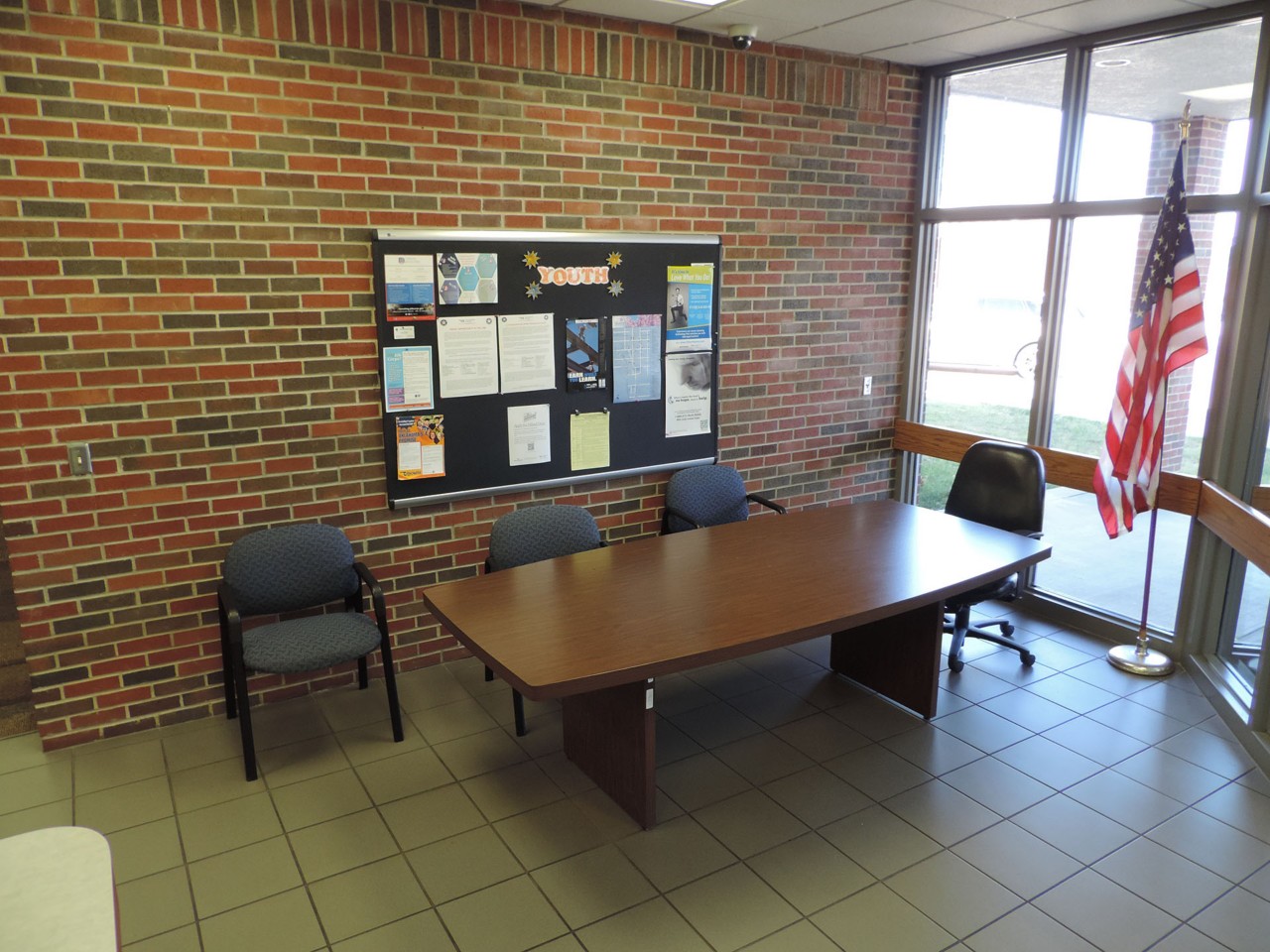 Waiting area available to public after checking in at front desk when waiting for appointment or training/resources to become available.
