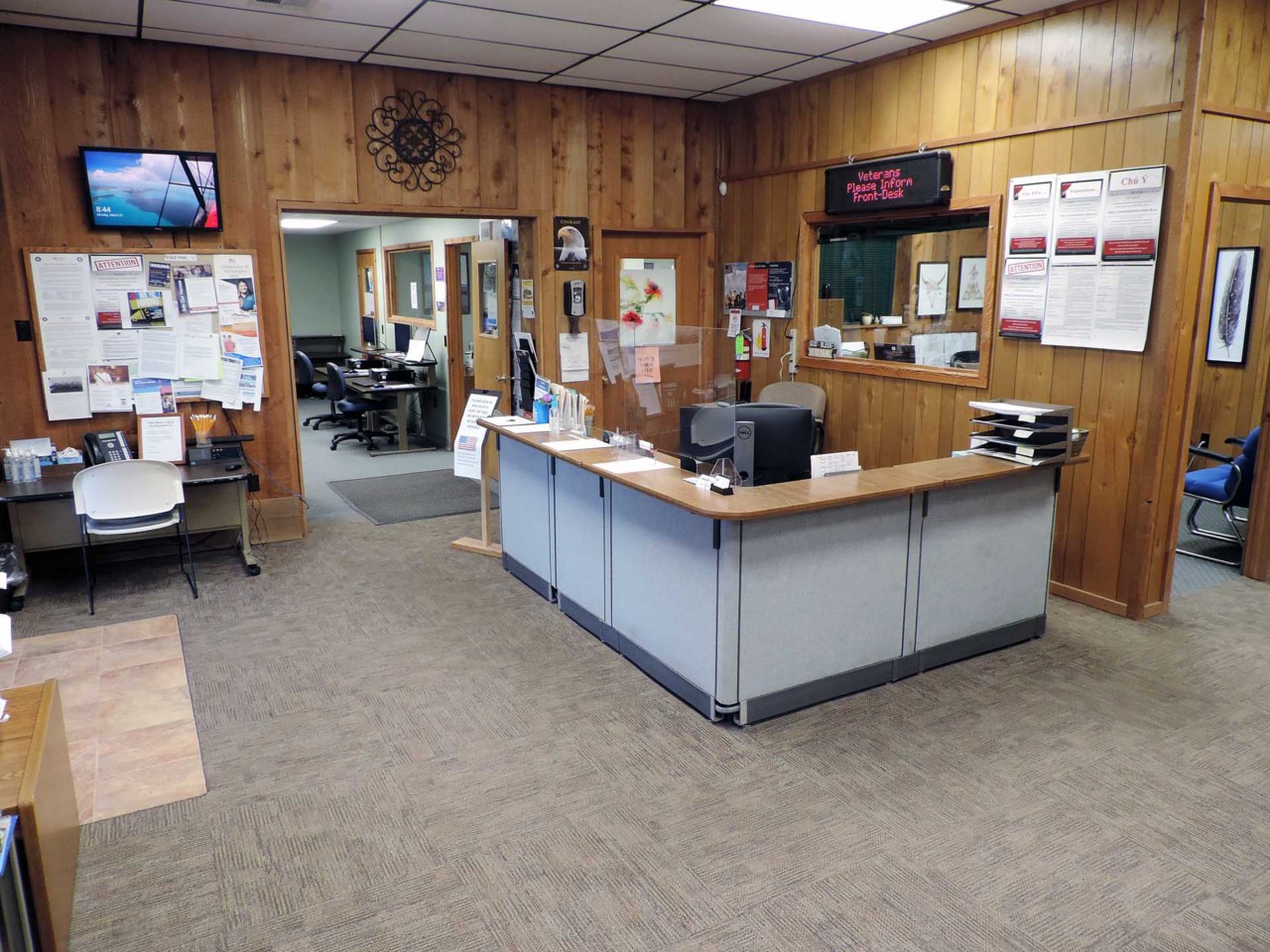 Office interior and front desk reception area.          