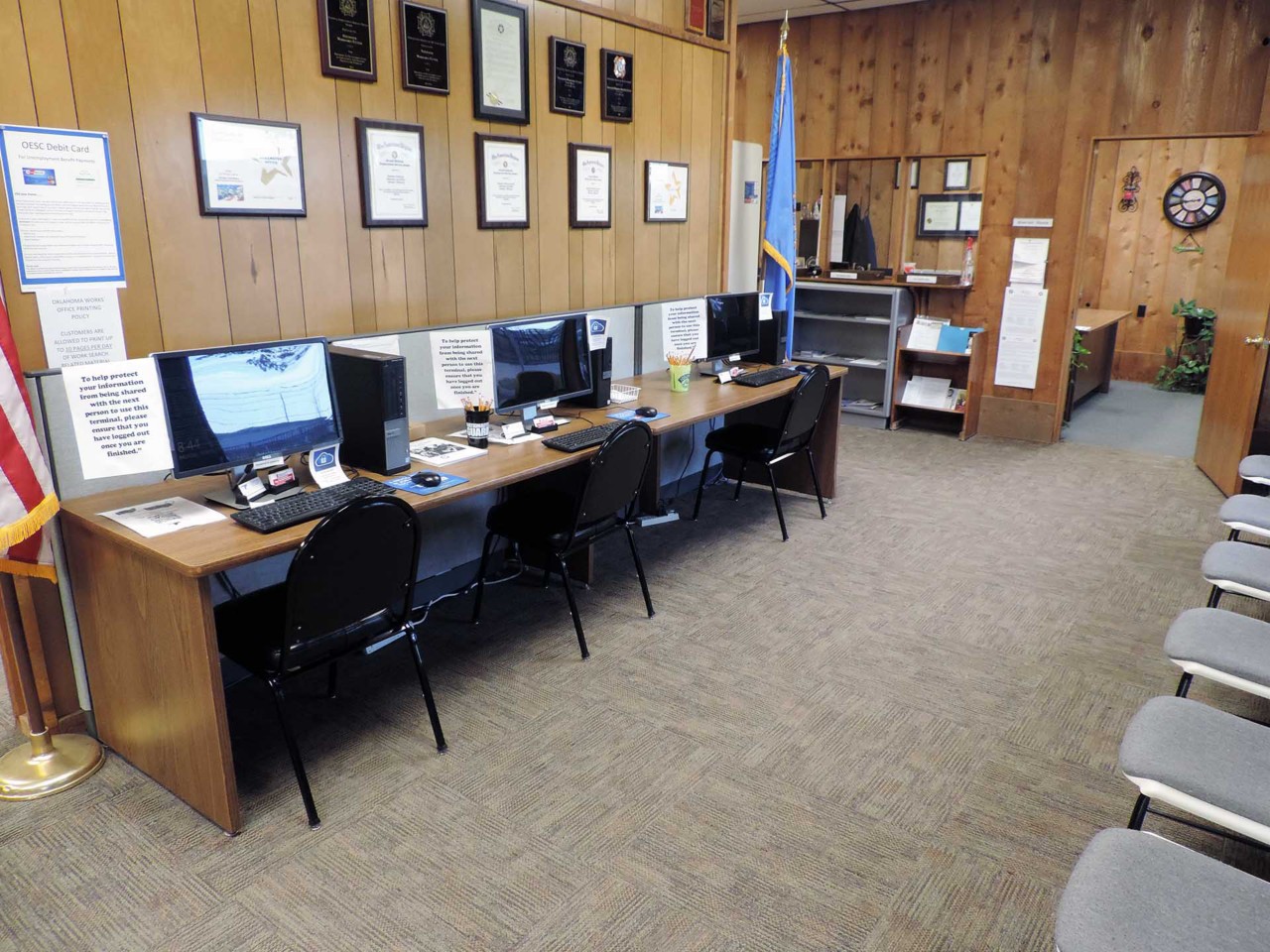 Resource area with computers and a printer/scanner/fax available to the public.          