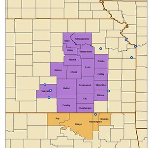 Map of Oklahoma and Kansas Flint Hills region showing county boundaries highlighted in purple and orange.