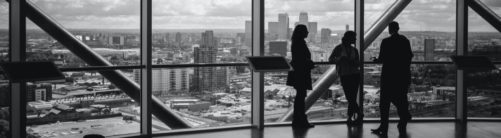 People viewing city skyline from window