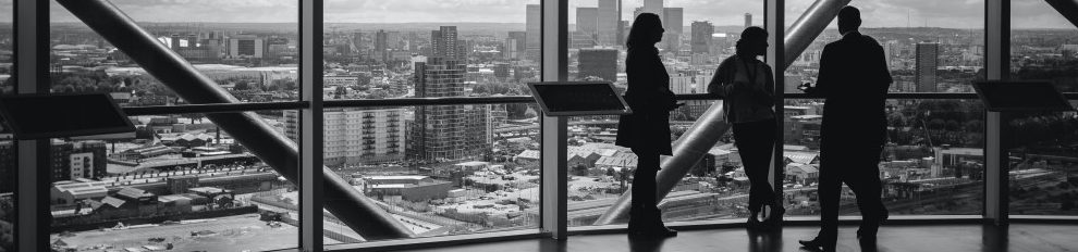 People viewing city skyline from window