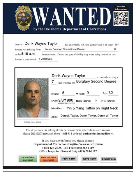 Derik Wayne Taylor Wanted Poster