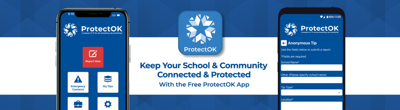 ProtectOK banner, text: Keep Your School and Community Connected and Protected with the free ProtectOK app