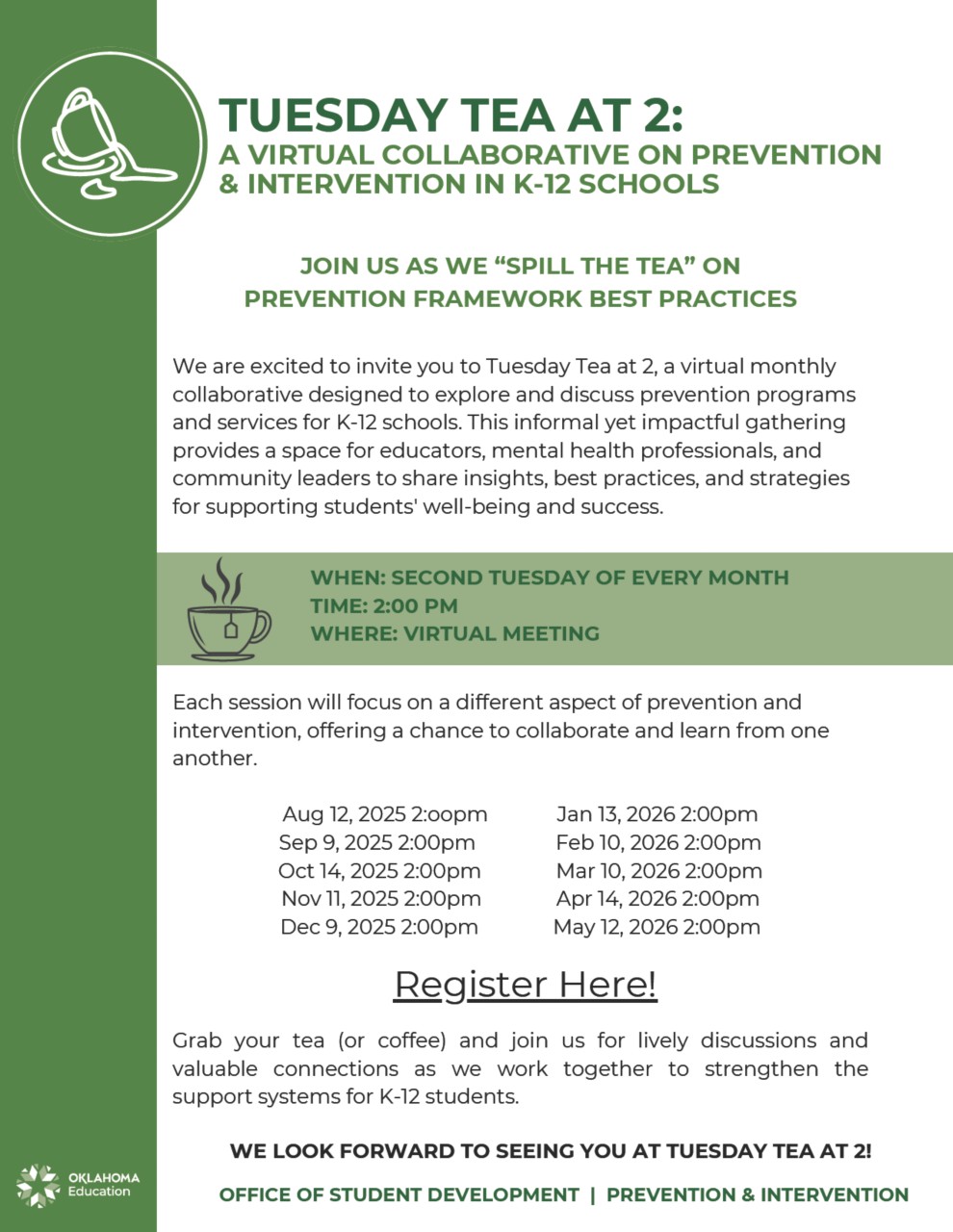 Tuesday tea at 2 with prevention services flyer
