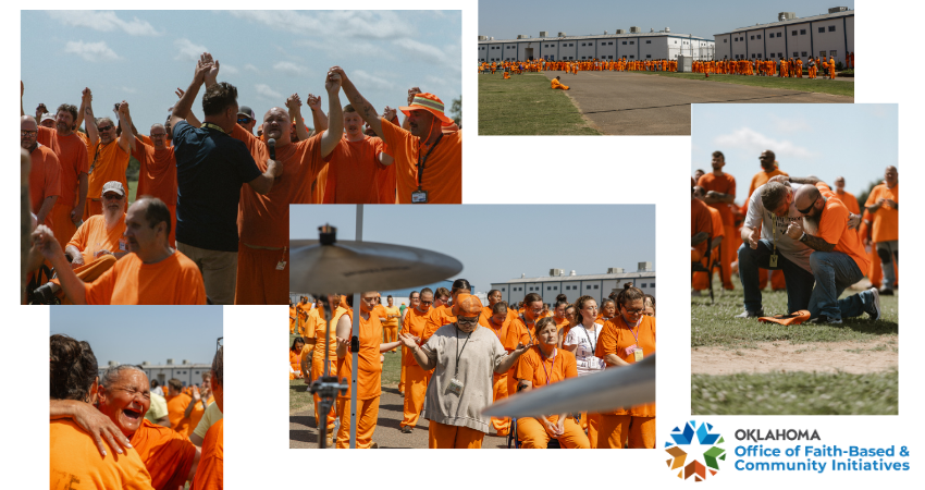 multiple photos of incarcerated people praying, hand lifted
