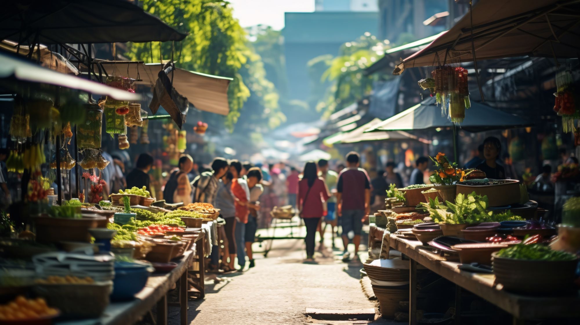 Fresh produce is seen among outdoor stalls. Fresh produce is seen among outdoor stalls.