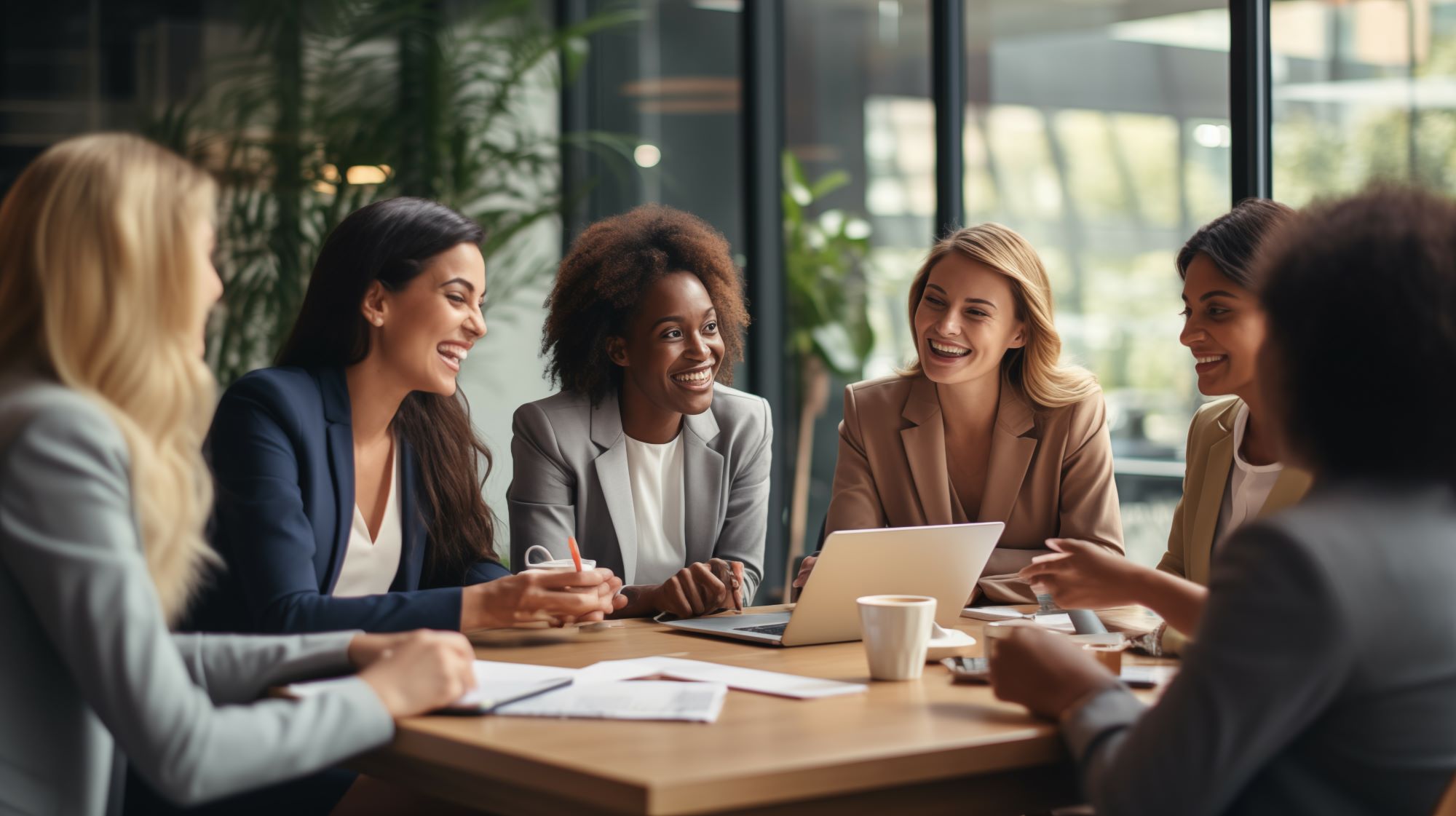 Six women sit at a table with a laptop sharing enthusiastic smiles. Six women sit at a table with a laptop sharing enthusiastic smiles.