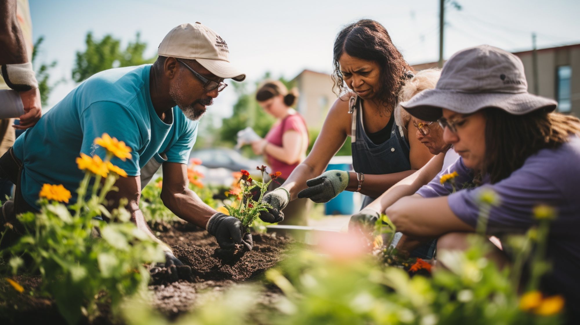 Four people plant flowers in a garden. Four people plant flowers in a garden.