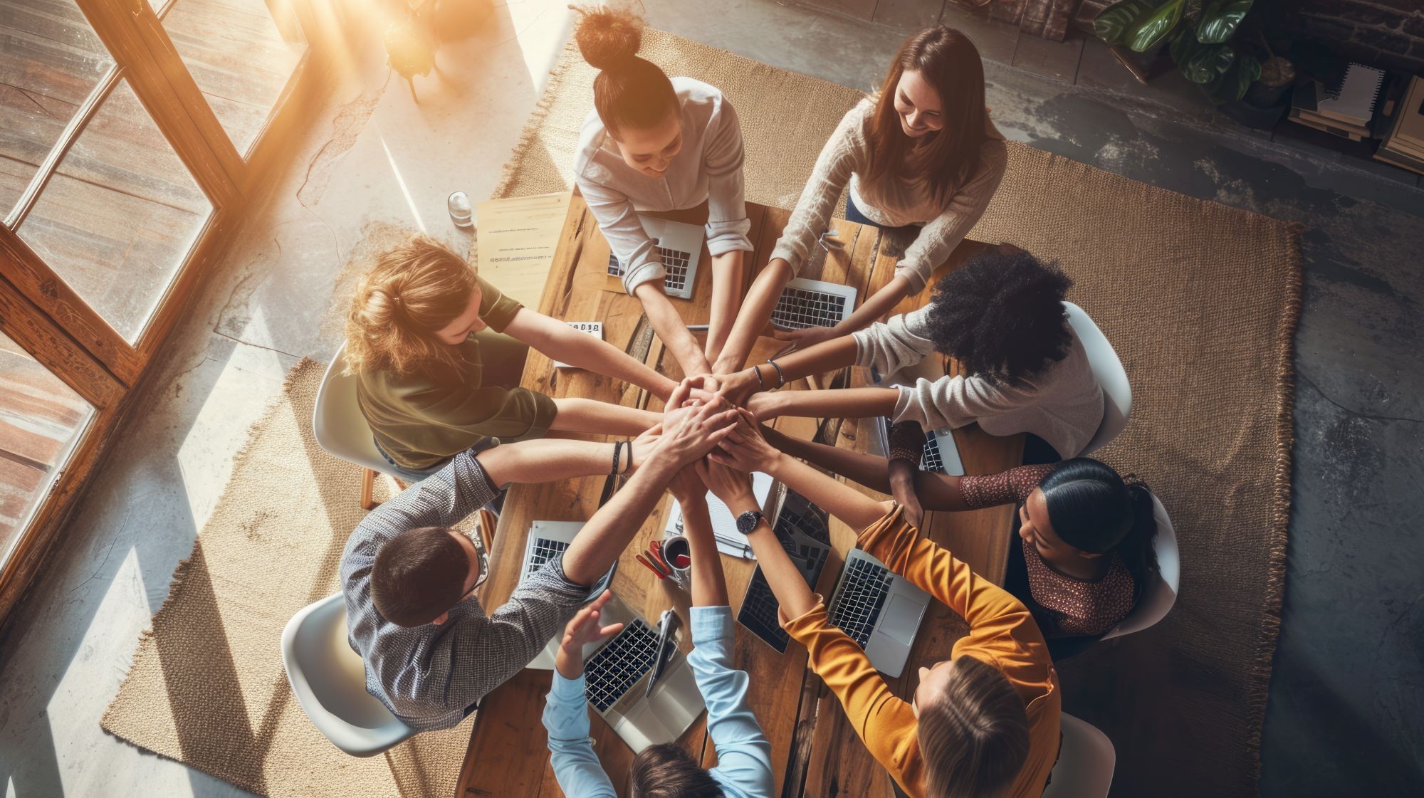 A team of workers at a table makes an affirmative gesture. A team of workers at a table makes an affirmative gesture.