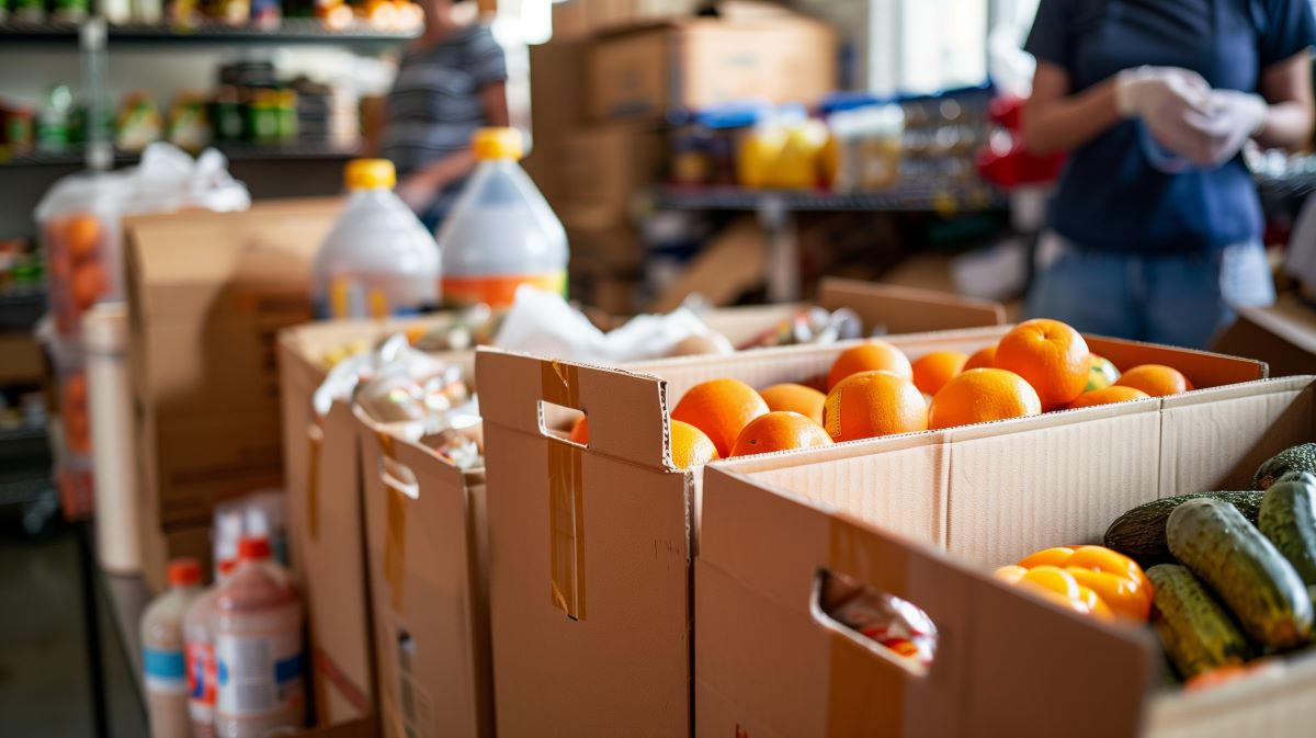 Donation boxes with sorted groceries at food bank with volunteers in background Donation boxes with sorted groceries at food bank with volunteers in background