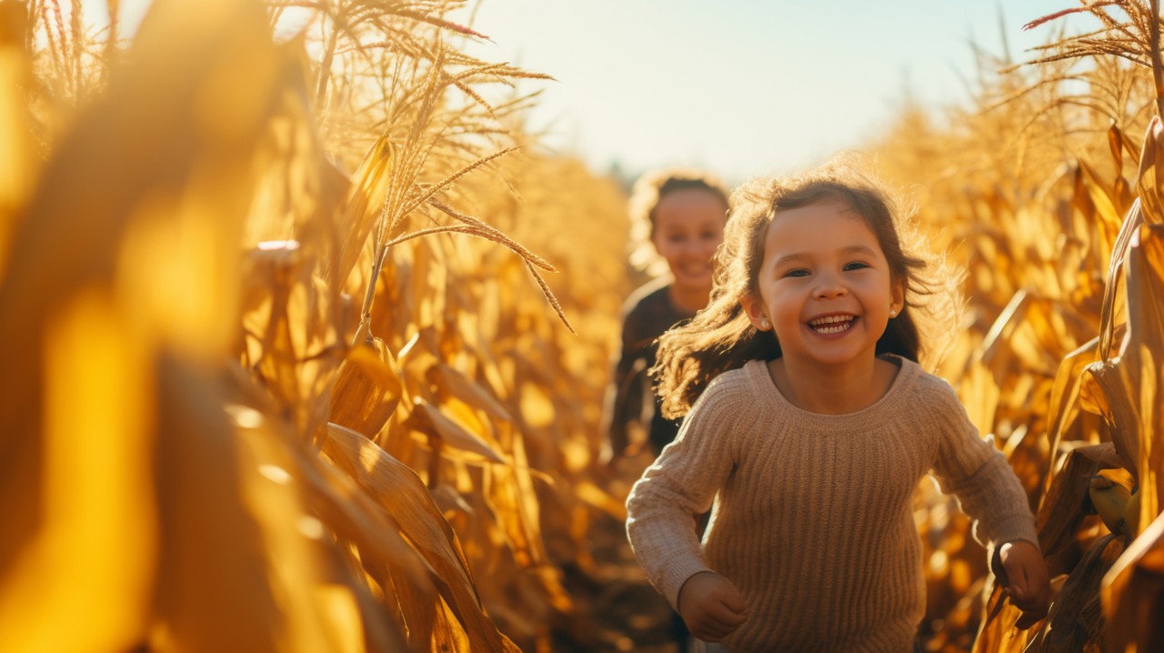 Children playing in a corn maze during a sunny autumn day, autumn banner, autumn background Generative AI