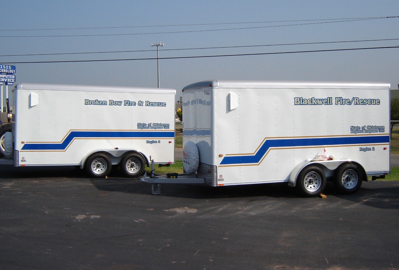 Broken Bow and Blackwell Fire/Rescue Decon Unit Trailers sitting outside.