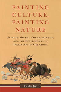 book cover with text, "Painting Culture, Painting Nature: Stephen Mopope, Oscar Jacobson, and the Development of Indian Art in Oklahoma"