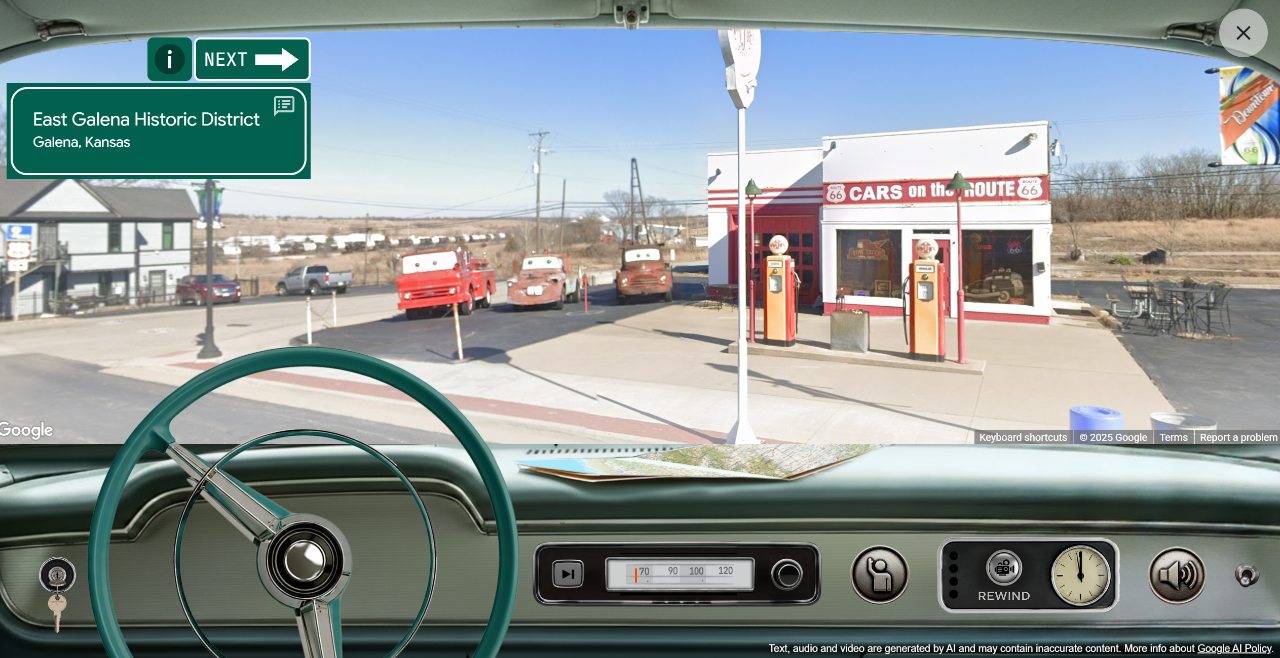 A virtual dashboard view from the Route 66 Rewind experience on Google Arts & Culture, showing “Cars on the Route” in Galena, Kansas, with vintage gas pumps and tow-truck characters outside the station.