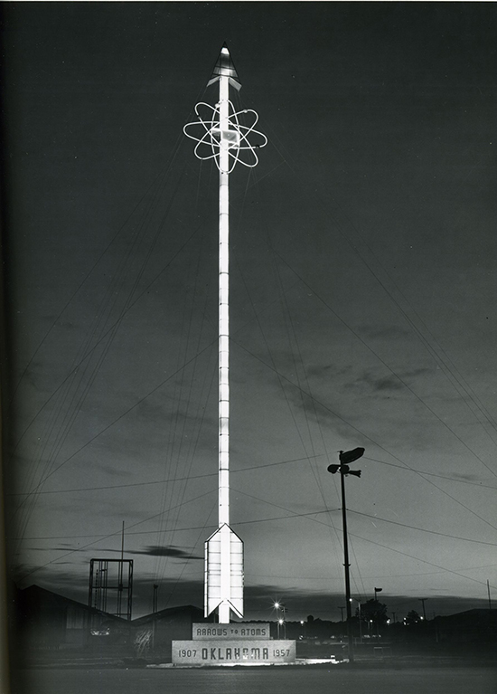 The commemorative tower lit up after its dedication (image courtesy of the Oklahoma Historical Society). The commemorative tower lit up after its dedication (image courtesy of the Oklahoma Historical Society).