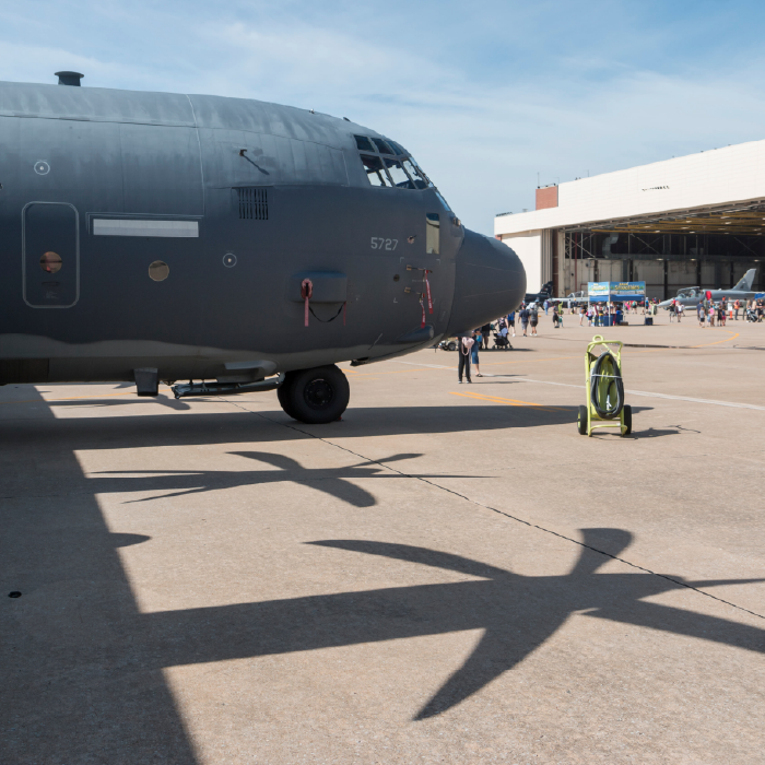 Air Force C-130 Hercules sits on static display at the Star Spangled Salute Air and Space Show at Tinker Air Force Base