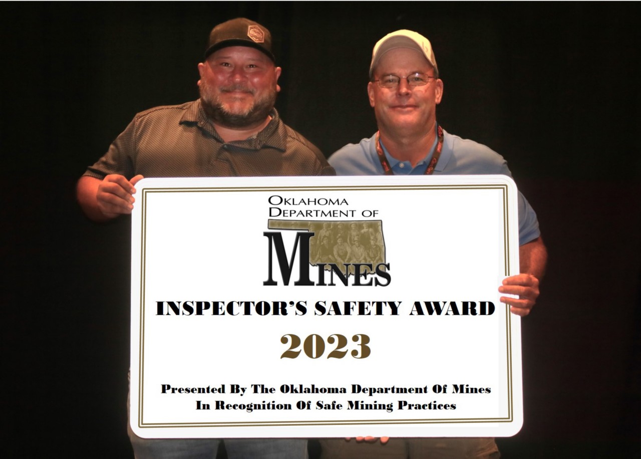 Oklahoma Department of Mines Inspector Brad Montgomery with Small Mine Safety Award Winner Belt Construction, LLC (Pit on 70, Permit Number LE-2505)
