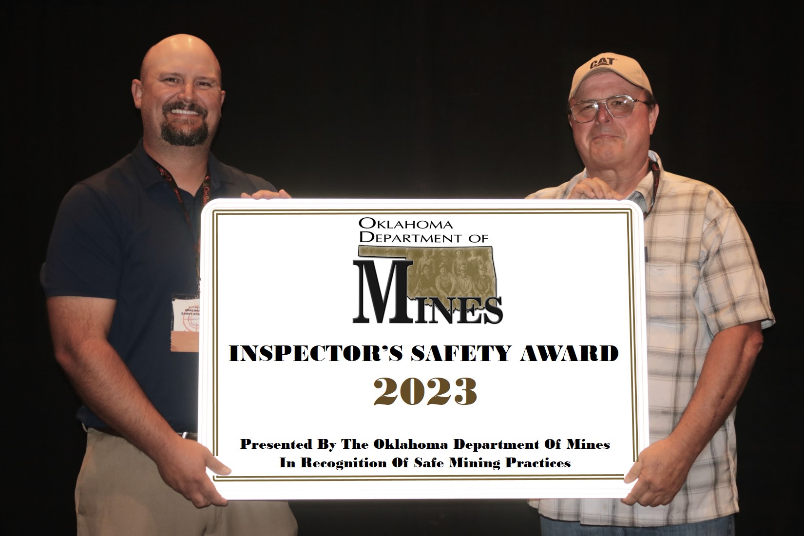 Oklahoma Department of Mines Inspector Mike Darneal with Large Mine Safety Award Winner TXI Operations (Bells Savoy, Permit Number LE-1639)